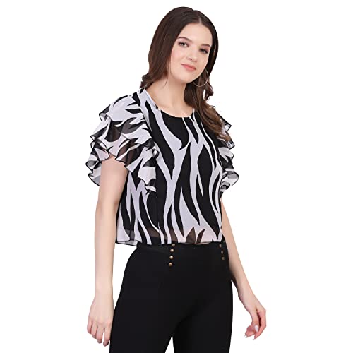 Image of Women's Pink Animal Printed Ruffle Sleeve Top, Western Style, Round-Neck