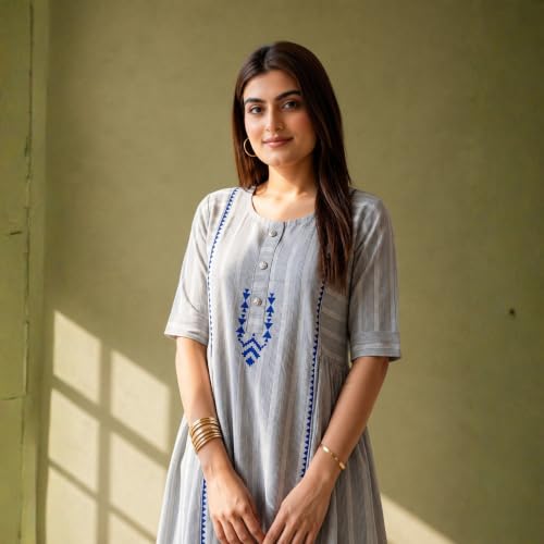 Image of Women's Grey Striped Cotton Midi Dress | Round Neck | Hand Block Print, Button Detailing, Half Sleeves | A-Line Casual One Piece Frock