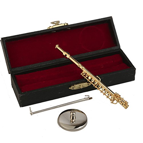 Dselvgvu Copper Miniature Flute with Stand and Case Mini Musical Instrument Miniature Dollhouse Model Mini Gold Flute Mini Silver Flute (Gold, 4.29")