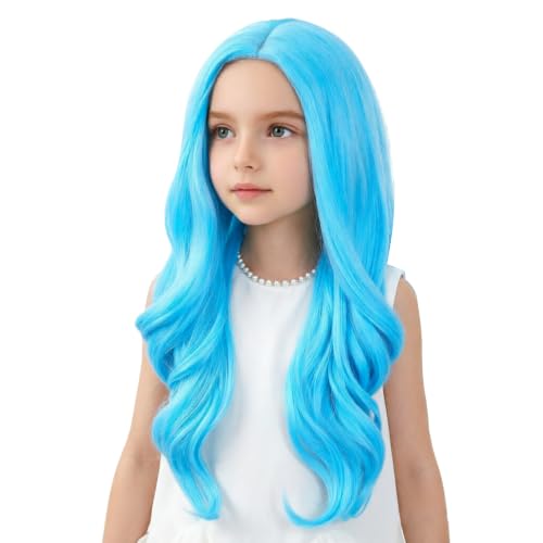 Image of Sky Blue Wig Long Blue Middle Part Wig Long Wavy Curly Wigs Heat Resistant Synthetic Wigs for Daily Party Use