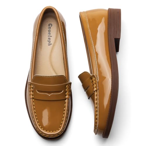 Geoeleph Women's Comfortable Leather Penny Loafers Cute Slip on Business Casual Dress Shoes Office Work Flats Lightweight Everyday Walking Shoes for Women, Brown Patent, 8 M US by Geoeleph - Used condition - Image 7