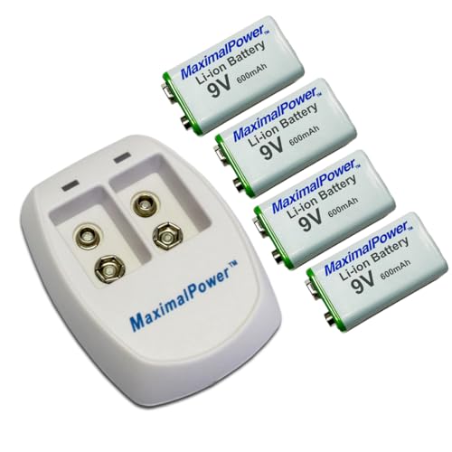 MaximalPower 4 Pack 9V Batteries 550mAh Li-ion 9 Volt Rechargeable Batteries Pack with Smart Charger for Lithium 9V Batteries, 2 Slot Li-ion Batteries Dual Wall Fast Charger
