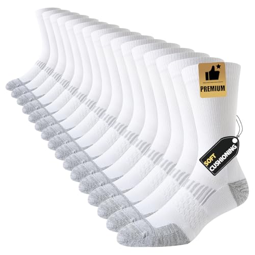 JOYNE 8 Pairs Mens Casual Breathable Crew Athletic Calf Socks Long Cushion Work Socks for Workout Sports White Large Sock Size:10-13