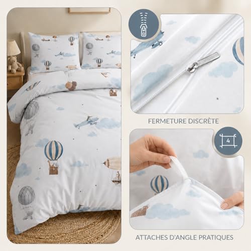 Miniatura 6 de Globo AerostáTico Funda Nordica Cama 90 Infantil AvióN Ropa de Cama 3 Piezas, Microfibra Suave Transpirable Funda de Edredon Nordico 150x220 cm y 2 Funda de Almohada 50x75 cm, con Cremallera