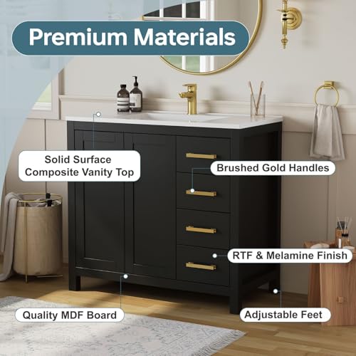 DELUXE LIVING 36 Inch Bathroom Vanity with Sink, Black Single Sink Bathroom Vanity with Integral Top, Modern Bathroom Sink Cabinet with Soft-Closing Doors & Drawers, Adjustable Feet - Thumbnail 3