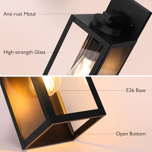 Image of BesLowe 15 inch Large Outdoor Wall Light Fixture, Exterior Porch Sconce, Black | Waterproof, Rust-Resistant, Durable Metal with Clear Glass, Standard E26 Socket, Easy to Install