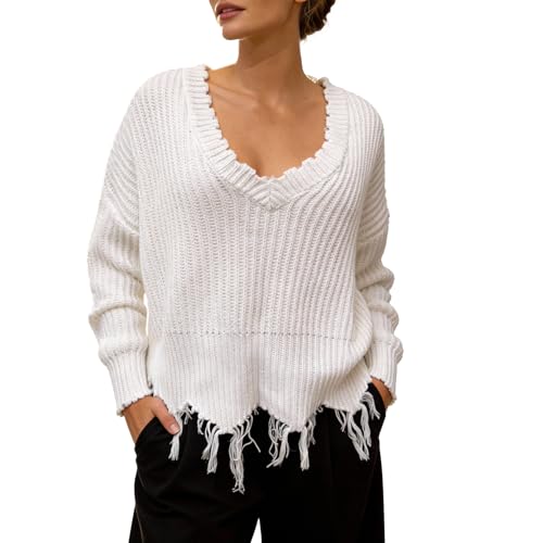 Truwelby Womens V Neck Jumper Off Shoulder Cropped Pullover Loose Knit Tops Long Sleeve Sweater with Ripped Hem (White L)