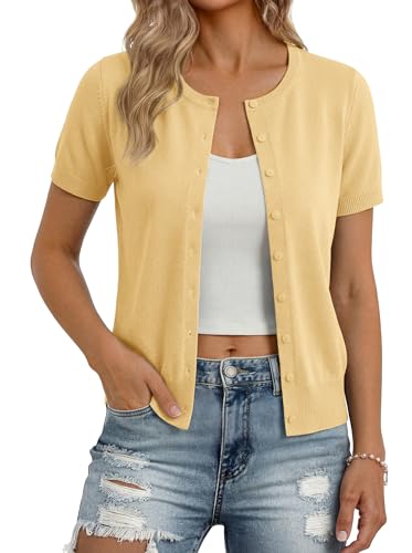 Image of GRACE KARIN Women Short Sleeve Cardigan, 2026 Summer Knitted Sweater Tops, Basic Crew Neck Crop Outfits