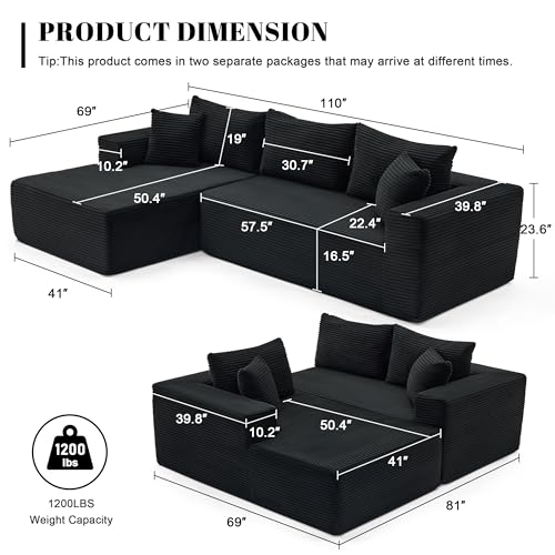 110” Cloud Sectional Couch, Boneless Sofa for Living Room, Modular Sectional Sofa with Deep Seat, Comfy Fluffy Couch with L-Shaped Chaise, No Assembly Required (Left-Facing Chaise, Black)
