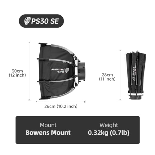 AMBITFUL 11.8"/30cm Mini Softbox Quick Release & Fold Soft Box Bowens Mount with Speedlight Bracket,Compatible with COB LED Video Light with Diffusers/Honeycomb Grid/Bag (PS 30 SE)