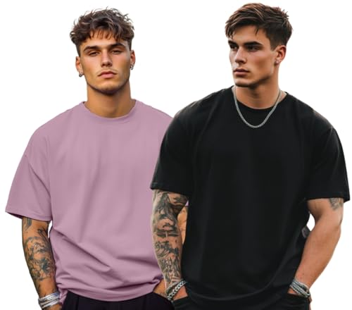 Image of Veirdo Solid Oversized 100% Pure Cotton Combo T-Shirt for Men & Boys (Half Sleeves, Round Neck, Drop Shoulder, Baggy Fit, Pack of 2, Available in S to 2XL