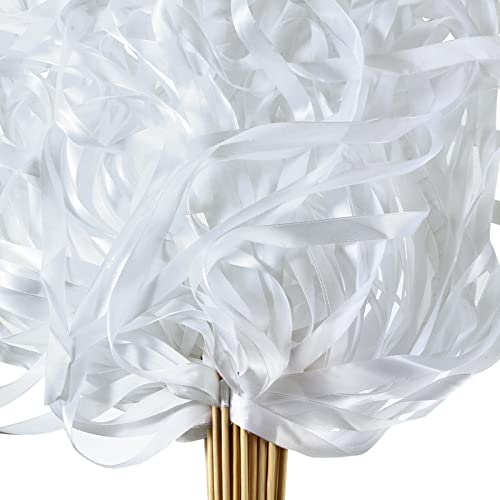 Chalyna 100 Pieces Lace Ribbon Wedding Sticks Colorful Ribbon Streamers Party Streamers with Bells Silk Fairy Stick Wands for Wedding Party Holiday Activities(White)