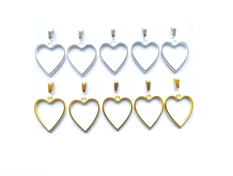 IRIKA Pack of 10 Pendants Bazels With Conector (Gold | Silver | heart Shapes)