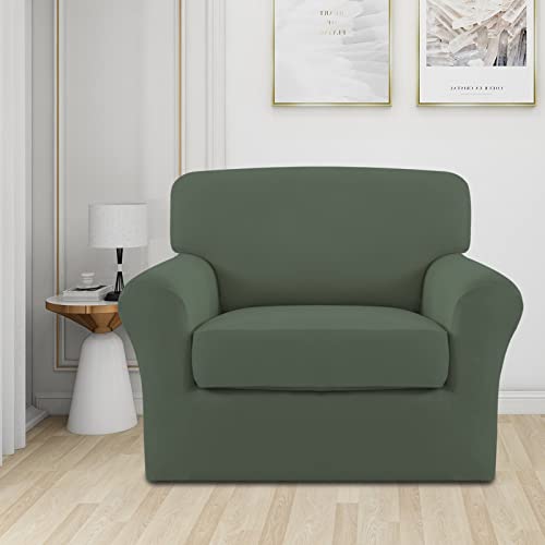 Image of Easy-Going 2 Pieces Stretch Sofa Slipcover for Armchair Washable | Spandex Soft Fitted Sofa Couch Cover for Living Room Washable Furniture Protector with Bottom Kids Pet Greyish Green