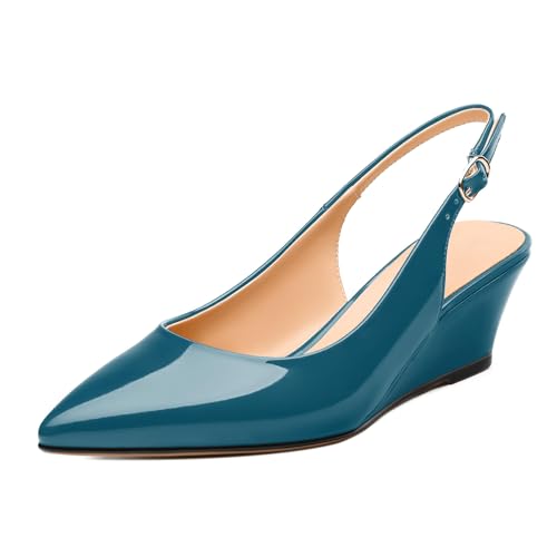 Womens Wedge Heel Pumps, Pointed Toe Mid Heel Slingback Pumps for Women, Leather Insole Comfort Pumps with Buckle 2