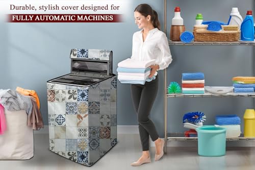 Image of The Furnishing Tree PVC Washing Machine Cover Compatible for Panasonic 7 KG Fully-Automatic Top Loading NA-F70LF3CRB, Washing Machine Waterproof and dustproof, Mosaic Pattern Cream