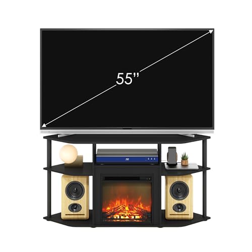 Image of Furinno Jensen Fireplace TV Stand, Corner Entertainment Center, TV Console for TV up to 55 Inch with Fireplace, Plastic Poles and Open Storage, for Living Room, Bedroom, Americano
