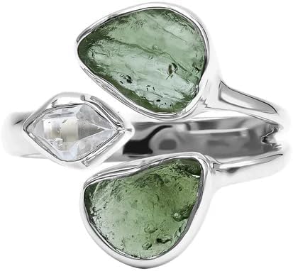 Real Crystal Moldavite Herkimer Diamond Ring Sterling Silver Prong Design Czech Republic Herkimer Moldavite Ring For Women Jewelry ldeal Gift For Her