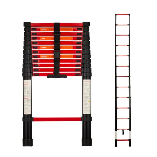 Image of Amazon Basics 3.8 m (12.46 ft) Compact Alloy Steel Telescopic Ladder | 13-Step Extendable Foldable Ladder | Portable Multipurpose Step Ladder