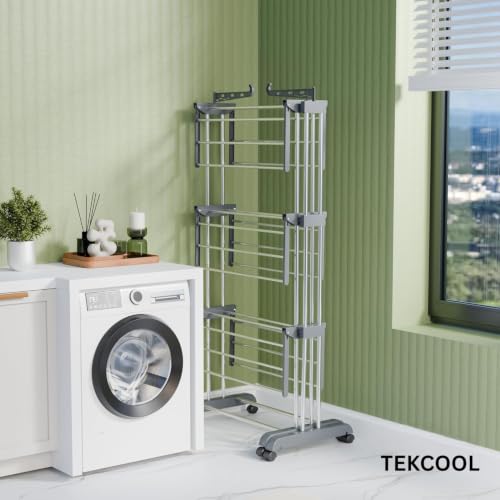 Image of TEKCOOL Expandable Clothes Drying Stand for Home|Cloth Dryer Stand with Wheel|Cloth Stand for Drying Clothes Foldable|Stainless Steel Clothes Hanging Stand|Cloth Rack for Balcony(3 Layer, Grey);;