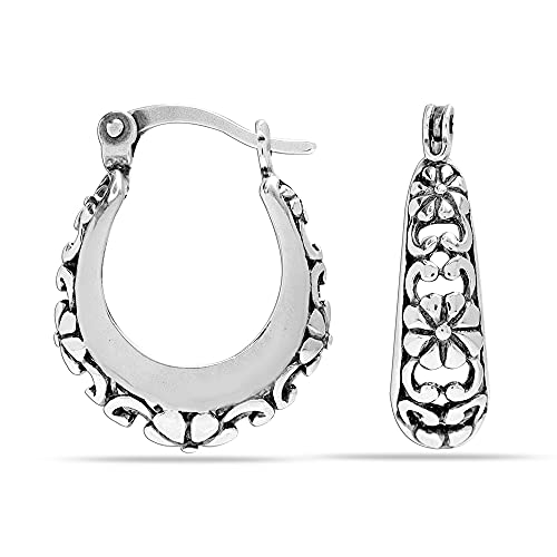 Lecalla Small 925 Sterling Silver Hoop Earrings Lightweight Italian Oval Oxidized Floral Filigree Hoop Earrings For Women #TOP1