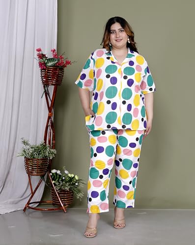 Image of Printed Shirt Style Cotton Night Suit for Women with Extra Plus Size