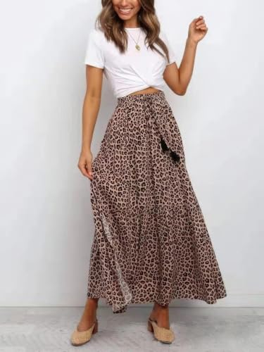 ebossy Women's Summer Leopard Print Tie Front High Waist Side Slit Flowy Swing A-line Maxi Skirts3