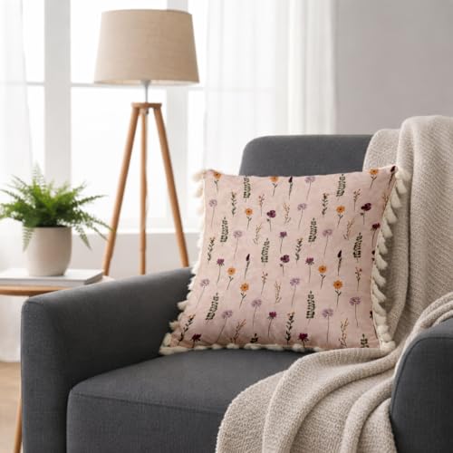 Image of STITCHNEST 'Little Meadow Series' Tassled Cushion Cover | Set of 2 | Floral Cushion Cover 16 inch x 16 inch