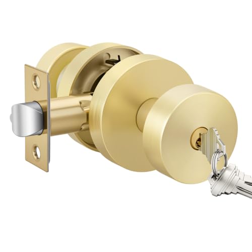 Image of Goldenwarm Gold Door Knobs Entry, Zinc Alloy Brushed Gold Door Knobs with Lock and Key, Front Door Lock for Exterior or Interior, Adjustable & Reversible (1 Pack)