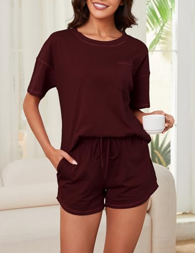 Image of KCW Pajamas for Women Set 2 Piece 100% Cotton Lounge Sets Short Sleeve Top and Shorts Pj Set Sleepwear Outfits