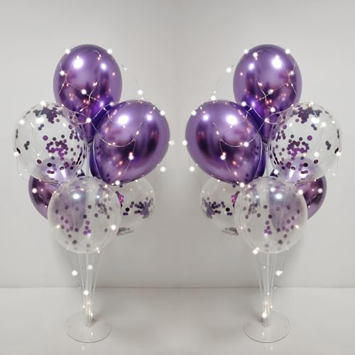 MYZSBRDM 2Set Purple Balloons Stand - Purple Balloons Centerpieces for Birthday, Baby Shower, Wedding, Anniversary Table Party Decorations (With Light String)
