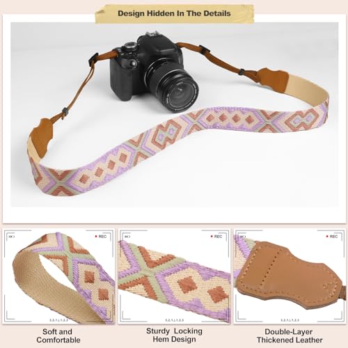 Image of Universal Camera Strap - Camera Neck Strap, Adjustable Shoulder Straps Compatible with Canon, Fujifilm, Nikon, Olympus, Panasonic and other SLR and mirrorless cameras - Purple and Khaki Weave