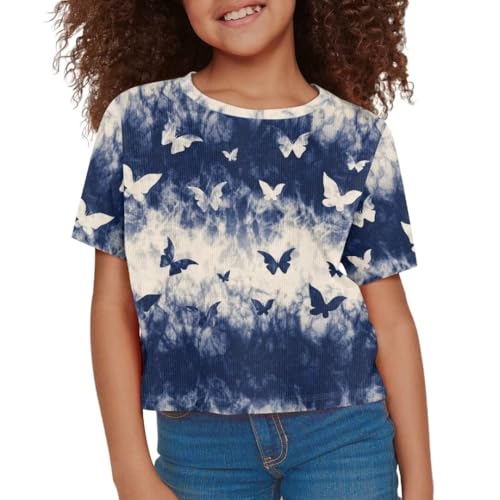 Image of Butterfly Print Girls Cropped Tshirt Size 11-12 Elegant Short Sleeve Top for Summer Oversize Shirts for Party Travel Crew Neck Blouses for Girls Tees 2024 Gift for Daughter, Medium