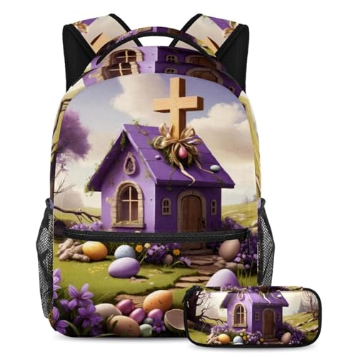Sac à dos maison de Pâques violette de grande capacité avec trousse multicolore pour l'école