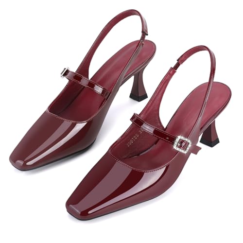 Trakxy Women Square Toe Slingback Mary Jane Closed Toe Pumps Low Kitten Heels Slip On Sandal Buckle Strap Dress Shoes