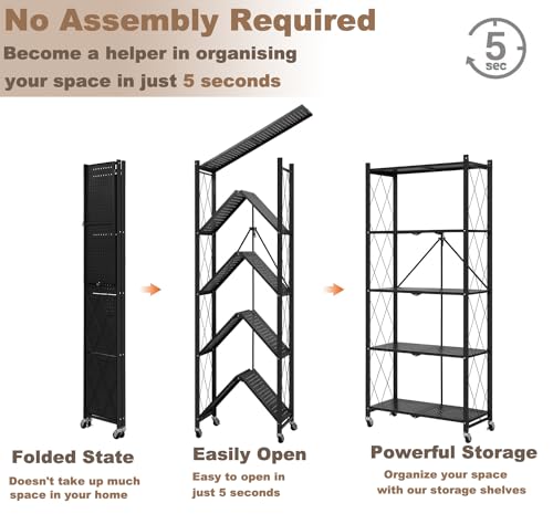 رف تخزين سميك قابل للطي من 5 طبقات مع عجلات من بينتيفار، بدون تجميع، ارفف ذات سعة كبيرة، عربة دوارة شديدة التحمل للمراب والمطبخ والقبو والمخزن (اسود، 5 طبقات)