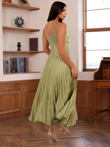 Miao Duo Women's Silk Satin Pleated Wedding Guest Dresses Elegant V Neck Maxi Formal Dresses YZTS1442