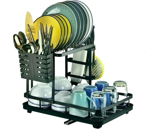 Image of Amazon Brand - Umi 2-Tier Dish Drying Rack with Cutlery Holder for Kitchen Counter, Kitchen Storage Rack, Utensil Rack, Cups and Plates Storage Organizer, Rotating Drainer Board (42x30x33cm)