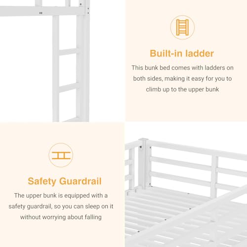 HKOLIE Twin Over Full Bunk Bed, Metal Bunk Bed Frame Heavy Duty Bunk Beds Loft Bed Frame with Ladder and Guardrail Metal Slats No Box Spring Required for Adults Teens, White