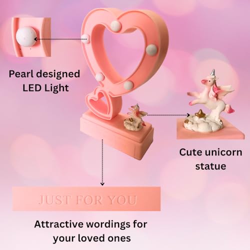 Image of FunzOn Pink Heart Table Lamp with White Pearl LED| Romantic Table Lamp | Valentine's Gift | Showpiece Heart Light with Cute Unicorn Statue | Gift for Anniversary, Birthday,Valentine's Day