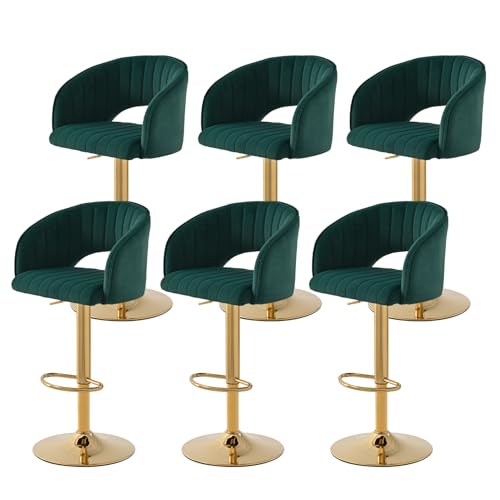 SUPPNEED Juego de 6 taburetes de bar de terciopelo, altura regulable con respaldo y reposabrazos, giratorio 360°, taburete de cocina, taburete de barbero, reposapiés dorado, para comedor, isla de