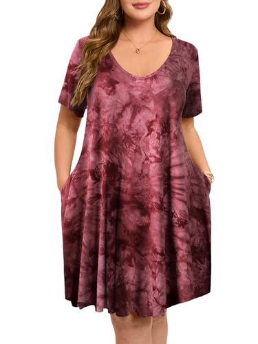 Image of ZENNILO Women's Plus Size Swing Dress with Pockets Casual Summer Dresses V Neck Short Sleeve T Shirt Dress for Women