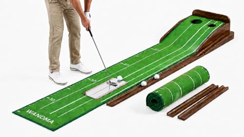Wanoma Premium Wood Golf Putting Green Indoor- 10-11 Stimp Speed True Roll Mat-Auto Ball Return, Dual Precision Holes, Alignment Mirror &Amp; 2 Balls-Professional Indoor Putting Trainer For Home &Amp; Office