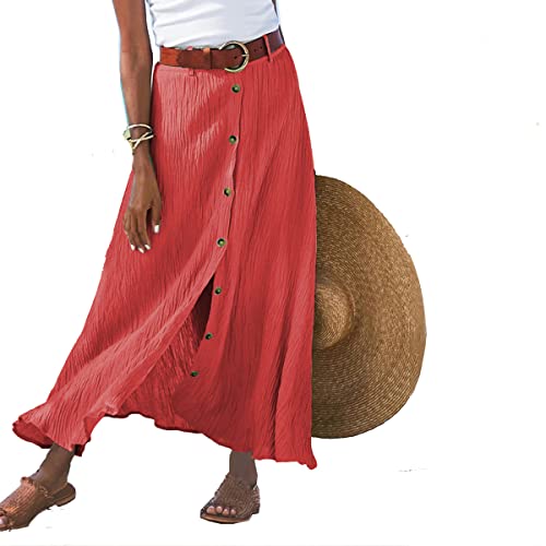 Womens Linen Button Down High Waist A Line Long Skirt Flowy Lightweight Slit Beach Maxi Skirt