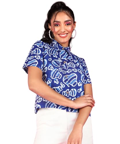 Image of POPWINGS Ethnic Printed Cotton Half Sleeves Regular Fit Crop Shirts for Women Stylish Western Casual Wear