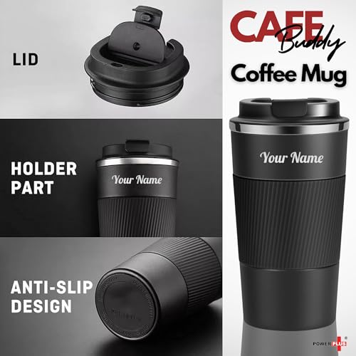 Image of Power Plus Cafe Buddy Stainless Steel Vacuum Coffee Mug with Silicon Grip | Premium Flip Top Locking Cap | Capacity 510ml | 304 Grade Steel | Coffee Mug with Lid for Home & Office (Black)