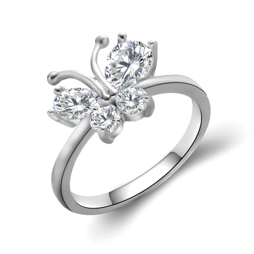 women Engagement Wedding Ring，S925 Sterling Silver 1 Carat High-Carbon Diamond Engagement Rings for Women ， Wedding Ring, or Women's Ring Set , 14K white gold plated Ring Unique promise ring for her (silver-butterfly, 7)