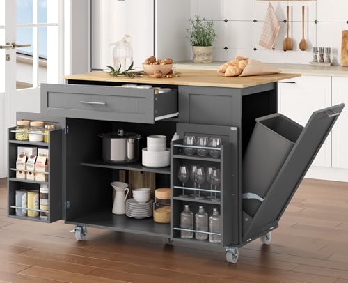 OtterOasis Kitchen Island with Storage, 31.5' D Rolling Kitchen Cart on Wheels with Widen Drop Leaf Rubberwood Top, Large Mobile Kitchen Island with Trash Can Storage and Towel Bar, Grey