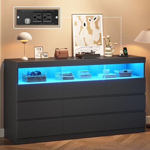 BTHFST 9 Drawer Dresser Chest of Drawers with RGB Lights, 56.7" W Wood Bedroom Dresser, No-Handle for Living Room Entryway, Black