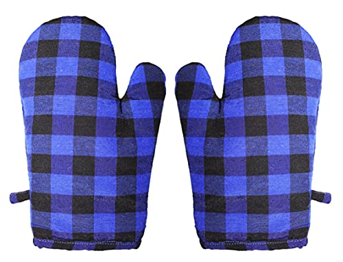 Glun Pair Of Extra Padded Unique Check Pattern Oven Gloves Heat Resistant, Protection Of Hands From Hot Utensils, Grill, Barbecue (Blue Checkered Oven Gloves)